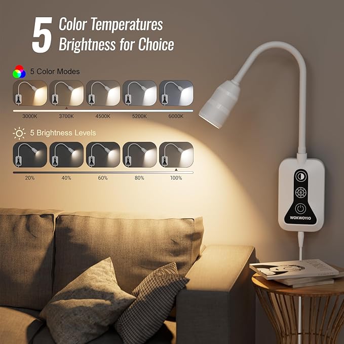 Wall Mounted Reading Light with Hand Sweep Sensor Switch, Book Light for Reading with USB Output, 5 Color & Brightness Dimmable Bedside Light, Wall Lamp with Flexible Neck - White 1 Pack