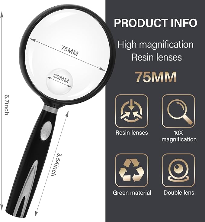 Feosky Handheld Reading Magnifier, 10X Magnifier, 75mm Shatterproof Lens, Non-Slip Handle for Adults Close Work, Seniors Reading and Nature Exploration, Hobby Observation(Silver)