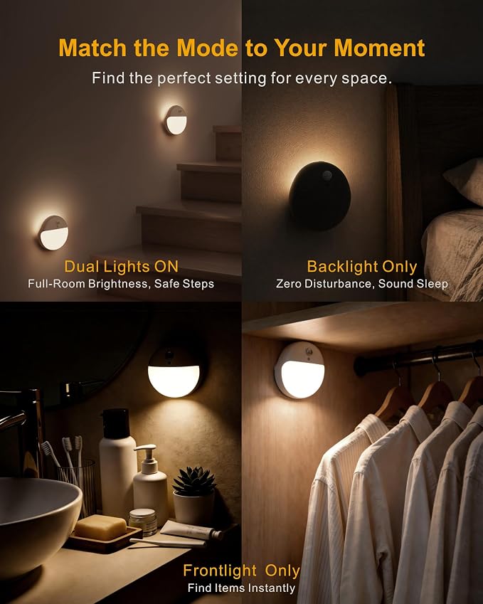 2 Pack Motion Sensor Light Indoor, 2.6" Small Stick on Lights for Stairs, Bathroom, Dimmable Battery Night Light, 3 Light Modes, Soft LED Light for Travel, Toliets, Bedroom, Kids, Warm White | 2 Pack, 3 Modes, Dimmable 1-15lm, Low Light No Plug, Small ...