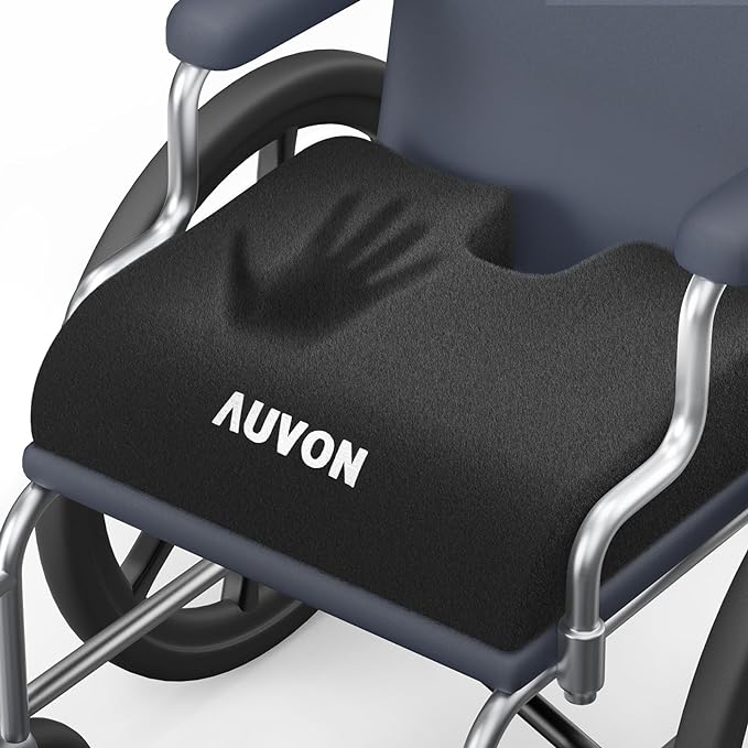 AUVON Wheelchair Seat Cushion, Thigh Slope Design for Long Sitting Comfort | Ergonomic Memory Foam Chair Cushion, U-Cutout for Sciatica & Back Relief, Waterproof Cover, Anti-Sore & Ulcer, Buckle Strap