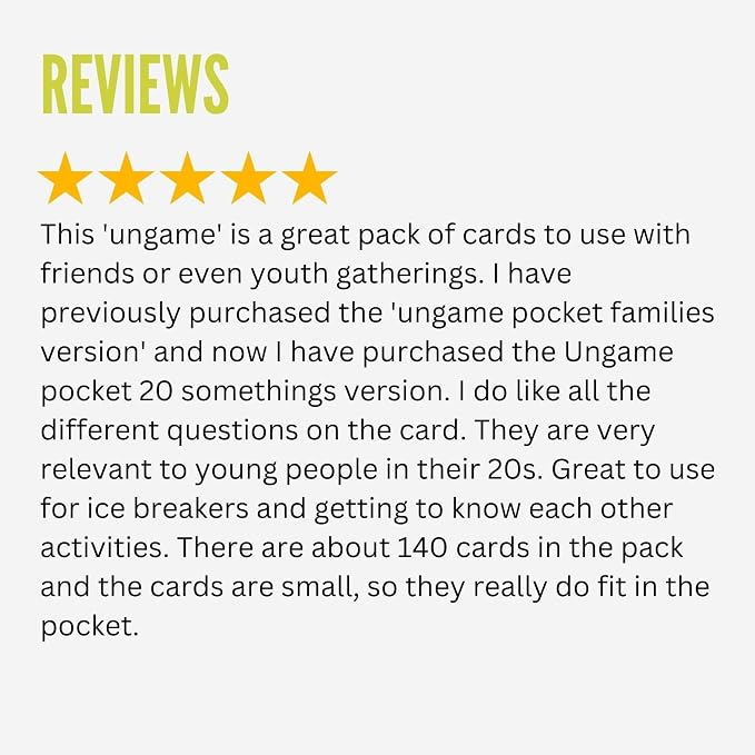 Pocket UNGAME - 20 Somethings - Non-Competitive Card Game for Young Adults Discuss, Share Values & Experiences - lighthearted and serious Decks - Age 18+