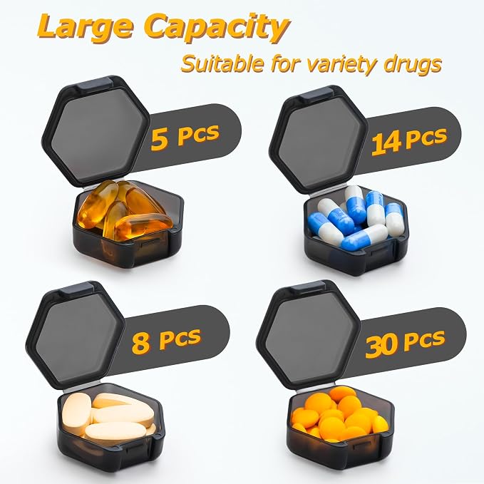 Yaklim Small Pill Case, 7 Packs Mini Pill Box | BPA Free, Portable Travel Pill Box, Pocket Purse Briefcase Use, 7 Individual Pill Containers for Fish Oils and Supplements
