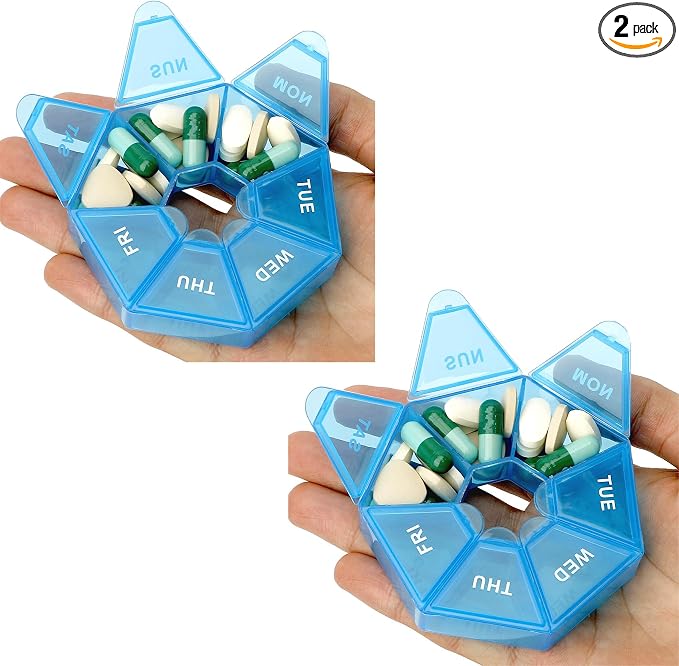 Pill Organizer, 2 Pack Pill Box, Small Pills Case,Medicine Organizer 1 Time a Day, Weekly Medicine Organizers, Daily Pills Container, Medicines Holder, Travel Box 7 Day(Blue)