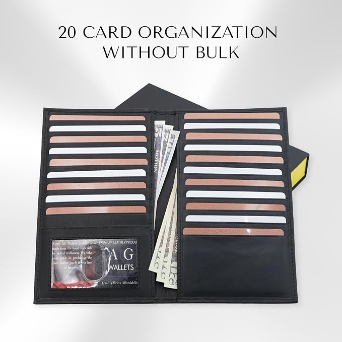 20 Card Wallet for Men, Long RFID Leather Credit Card Holder, Black | 2 Bill Compartments | ID Window | Open Bifold | Organized Carry | Jacket Friendly