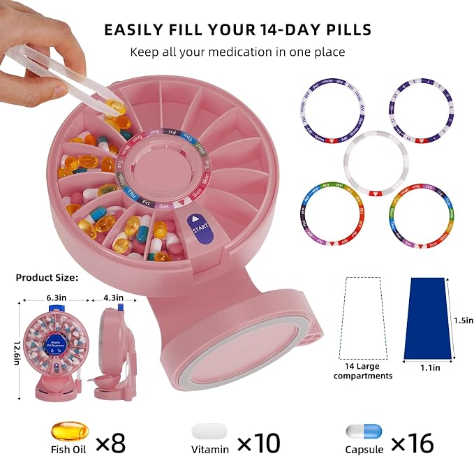 Pink Pill Organizer with No-Flip Design for Women to Take Daily Vitamins | One-Touch Button Pill Container with Med Cup & Tweezers for Medicine Hygienic, Free-Standing or Wall-Mounted for Medicine