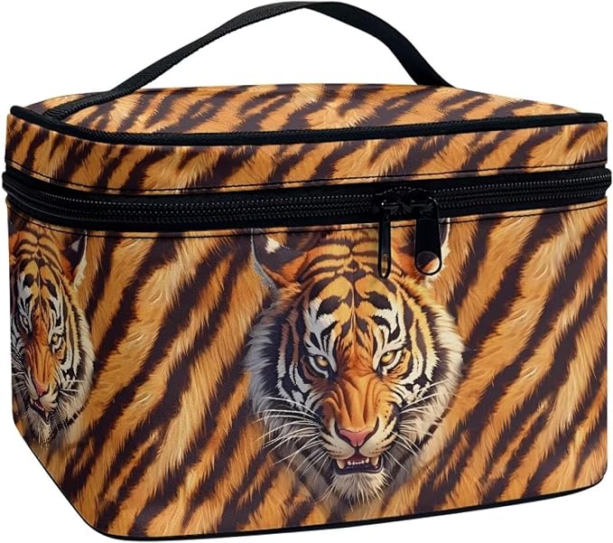 Tiger Head Print Cosmetic Bag Makeup Bags Toiletry Pouch, Black Orange Tiger Stripes Makeup Cosmetic Organizer Dopp Kit Travel Accessories Essentials
