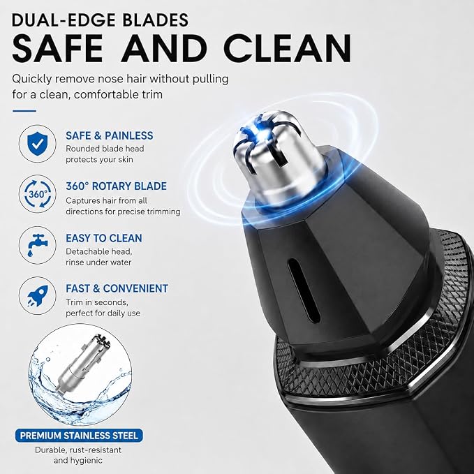Oogway Master® Nose Hair Trimmers for Men, IPX7 Waterproof Ear and Nose Hair Cutter Remove Clipper, Dual Edge Blades for Easy Cleansing, Portable Electric Eyebrow & Facial Grooming Kit Painless