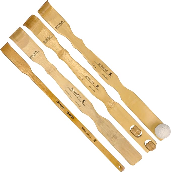 BambooMN 4pc Set Traditional Back Scratcher Shoe Horn and Body Relaxation Set