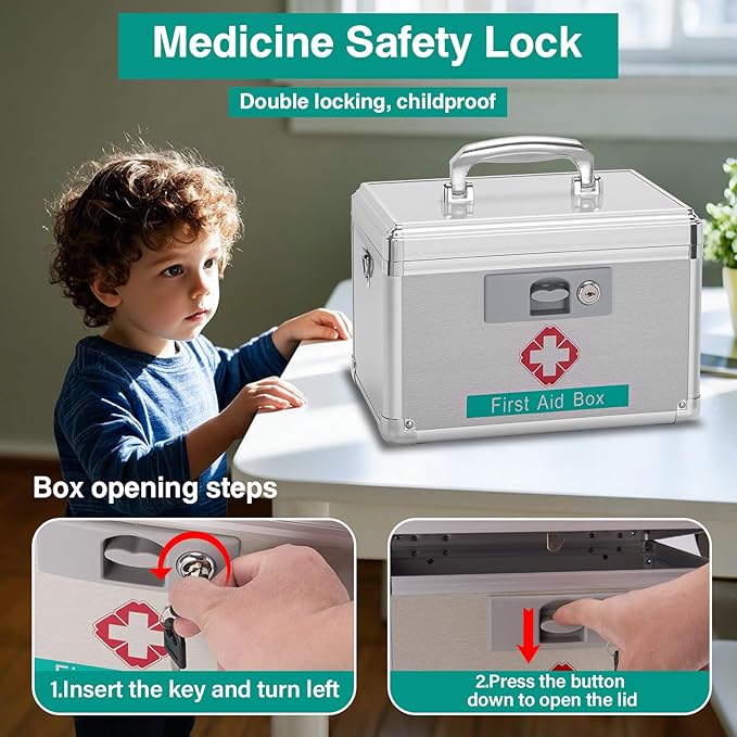 GODLONSEN Medicine Storage Box with Key - 15 x 8.7 x 9.4 Inches -Empty Lock First Aid Box for Drugs & Pill, Medical Organizer Container For Home/Outdoor (Silver/X-Large)