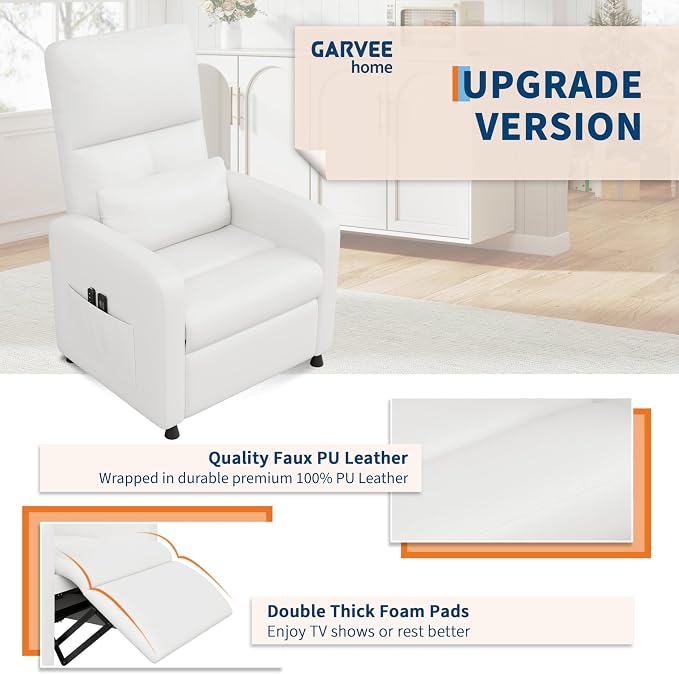 GarveeHome Power Recliner Chair with Massage and Heat, Adjustable Electric Recliner Ergonomic Overstuffed PU Leather Single Sofa, 2 Side Pockets and USB Port, Home Theater Seating for Living Room