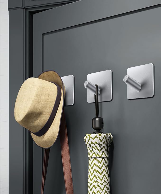 xdgeLoad Heavy Duty Adhesive Hooks, Bath Towel Hooks 4 Pack, Adhesive Wall Hooks for Bathrooms/Coat/Robe/Kitchen, Non-Punching self-Adhesive Hooks, Matte Stainless Steel Silver