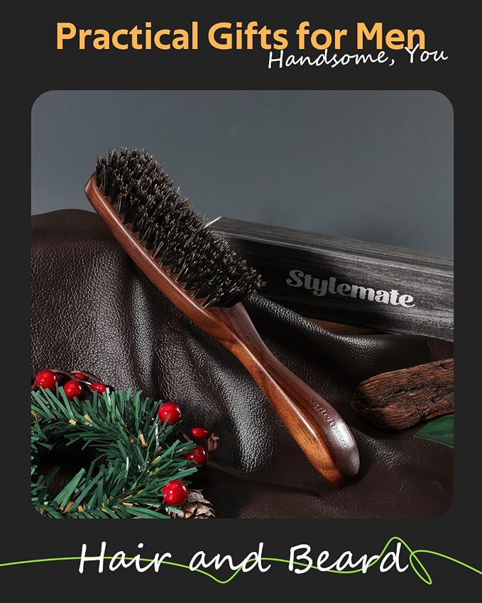STYLEMATE Boar Bristle Mens Hair Brush | Slick Back Beard Brush with Natural Black Walnut Wooden Handle and Stiff Bristles for Thick & Fine Hair