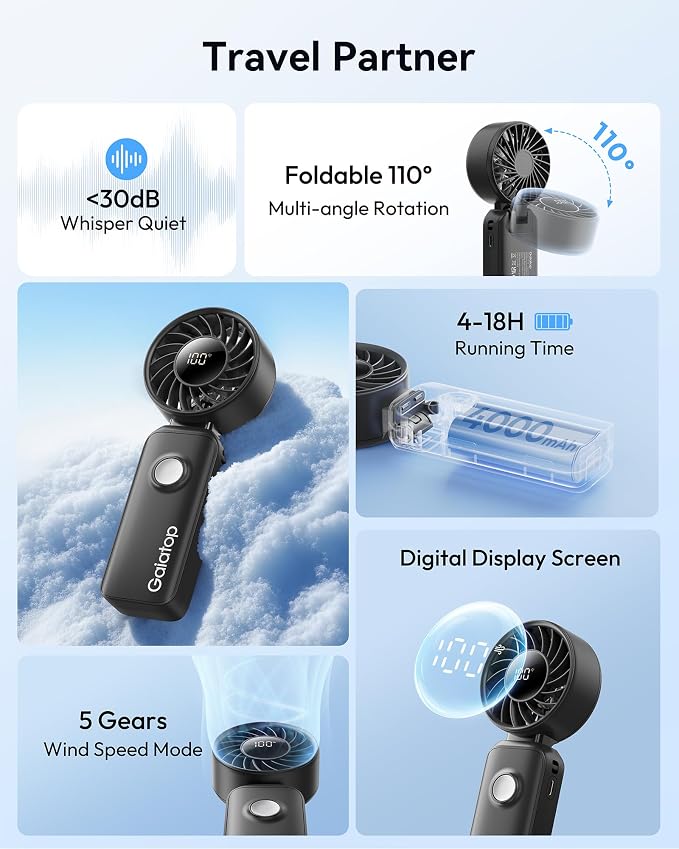 Gaiatop Portable Handheld Fan, 5 Speed Rechargeable Battery Max 18 Working Hours, 3 IN 1 Neck/Desk/Hand Fan Cooling for Travel, Beach, Women/Men Outdoor Activities Gifts - Black