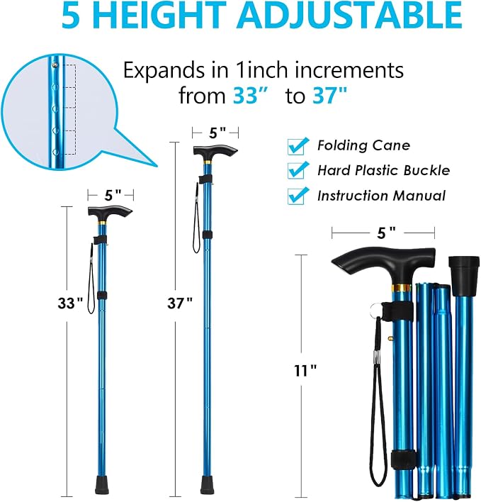Walking Cane, Folding Cane for Man & Women, Portable Lightweight | 5-Level Adjustable Height, Collapsible Cane for Seniors Balancing Mobility Aid