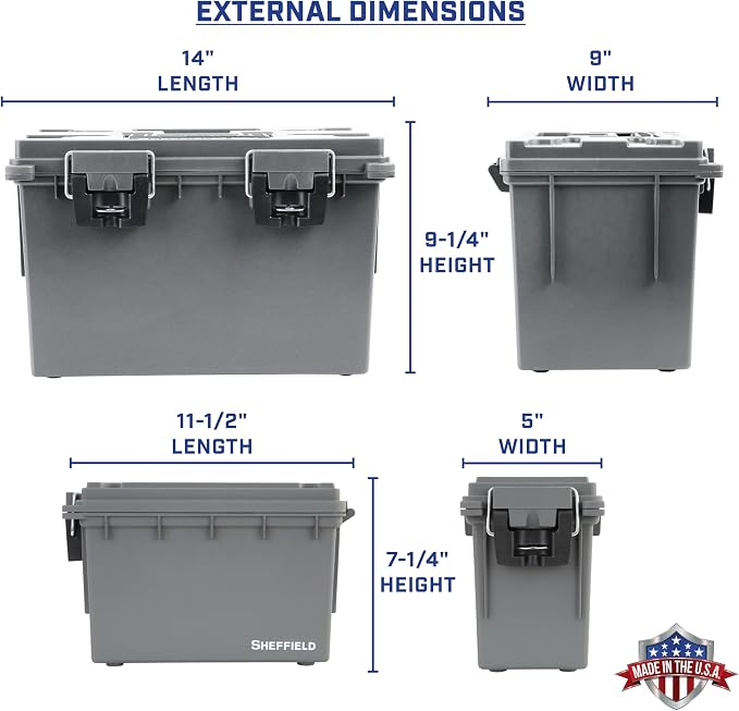 Sheffield Ammo Box Made in USA, Stackable Lockable Ammo Storage Box, Gray | XL & Standard Lockable Storage Box, Water & Dust Resistant Dry Box, Secures Hunting Gear, Gun Accessories, Supplies, Bullets