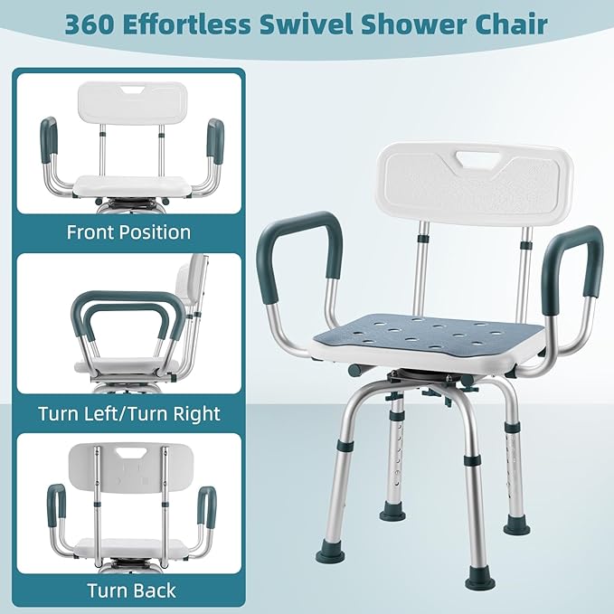 Swivel Shower Chair with Arms and Back, 400 lbs Heavy Duty Shower Seat for Inside Shower Stall and Bathtub, Height Adjustable Safety Bath Seat for Elderly, Adults, Handicap and Disabled