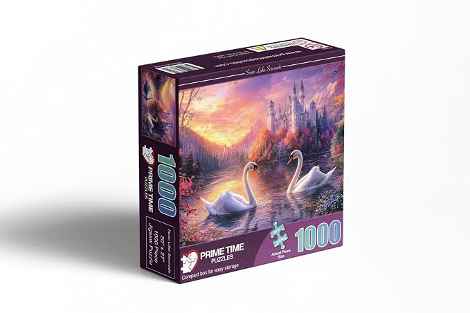 Adult Jigsaw Puzzle Swans Castle Lake 1000 Piece | Features swans swimming at sunset on a castle lake. 20x27 inches. Great for game nights on a table, puzzleboard, or floor.