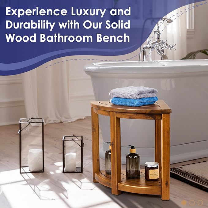 Teak Shower Stool, 18" Corner Shower Benches for Inside Shower Bathroom Wood Shower Seat with Storage Shelf Waterproof - S35796