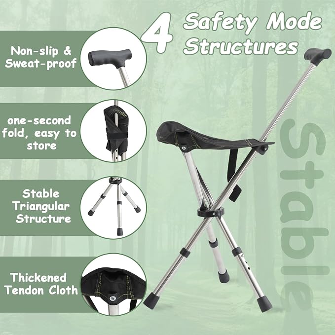 King Mills Lightweight Portable Stools for Adults Heavy Duty, Adjustable Walking Chair for Adults, Anti-Slip Cane Seat Walking Stick Folding Seat 250 Lbs Above Ideal for Camping & Hiking
