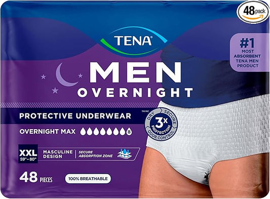 Tena Men Protective Incontinence Underwear for Men, Overnight Max Absorbency, XXL, 48 Count (Waist Size 55in-66in)
