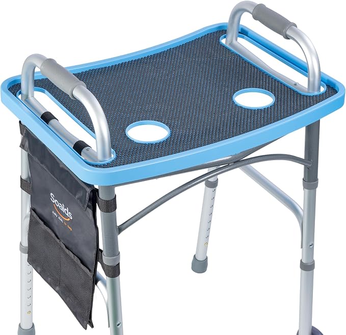 Walker Tray for Seniors with Dual Cup Holders & Side Pouch (Blue) | Durable Food & Drink Table, Lightweight with Non-Slip Pad, Compatible with Walker of 10210-1 Model
