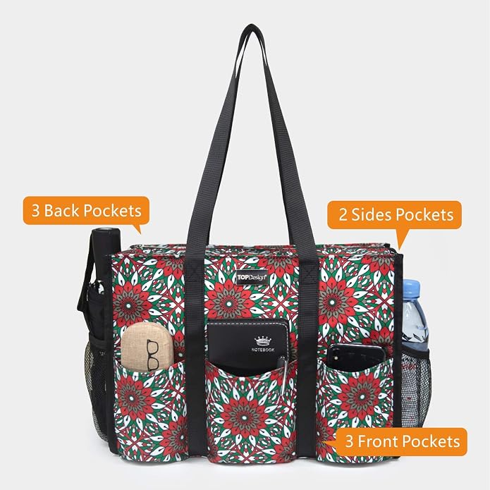 TOPDesign Utility Water Resistant Tote Bag with 13 Pockets, Top Zipper Closure & Thick Bottom Support, for Working Women