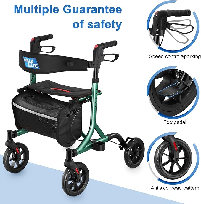 WALK MATE Rollator Walker for Seniors with Cup Holder, Upgraded Thumb Press Button for Height Adjustment, 4 x 8 Wheels Walker with Seat Padded Backrest Folding Lightweight Walking Aid, Green