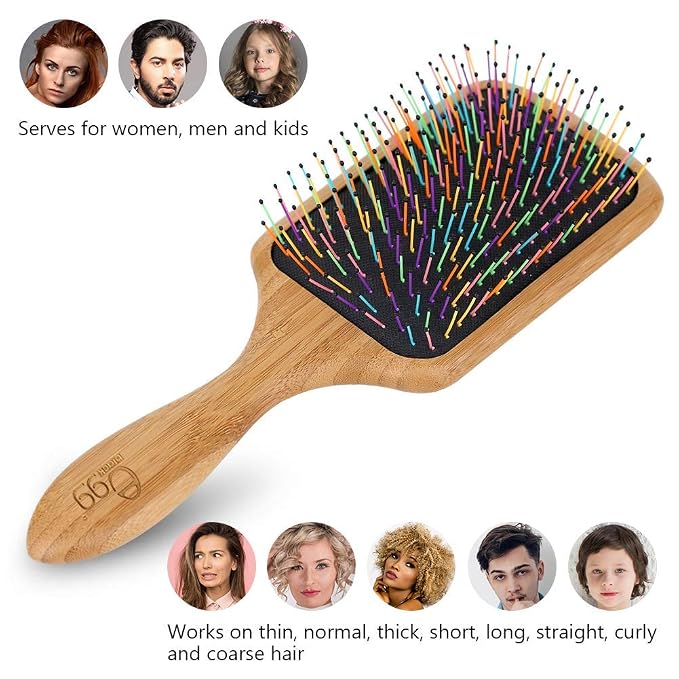 BLACK EGG Paddle Detangling Hair Brush for Women Girls, Rainbow Nylon Brush for Thick Thin Curly Hair, Includes Wooden Detangler Comb and 3 Hair Ties, Valentine’s Day Gift