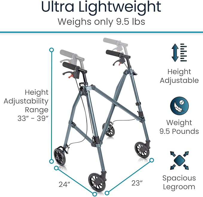 Vive Mobility Lightweight Walker for Seniors - Narrow, Folding Walker | W/Wheels for Small & Tight Spaces - Light Weight for Balance, Compact Doorways, Foldable - Portable & Collapsible for Travel