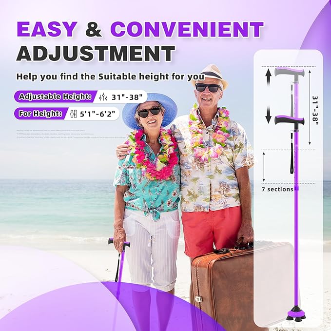 BeneCane Walking Cane for Men & Women Walking Stick for Seniors Folding Canes Quad Cane Adjustable Lightweight Sturdy Collapsible Heavy Duty with Soft TPR T-Handle and Travel Bag