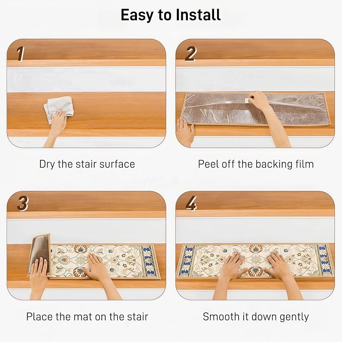 GIB Stair Treads for Wooden Steps Indoor, 15 Pack 8" X 30" Non Slip Carpet Stair Treads with Reusable Adhesive for Kids Elders and Dogs, Boho Vintage Oriental Stair Runner, Ivory
