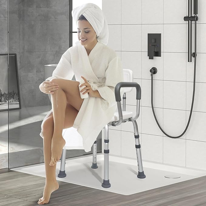 Shower Chair for Inside Shower with Arms and Back, Anti-Slip Design Shower Seat, Shower Chair for Elderly and Disabled with Groove for Private Cleaning, Adjustable Height