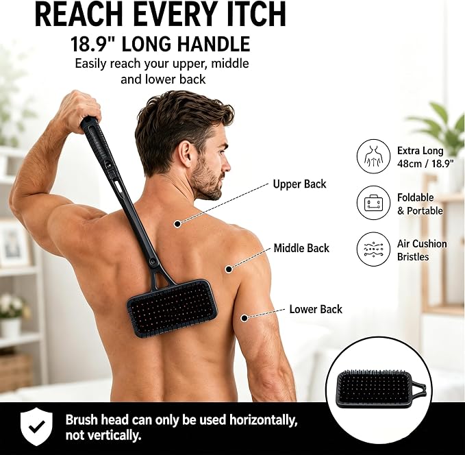 Back Scratcher Extendable Black Folding Handle for Men Women | Long reach folding handle with soft bristles for back shoulders legs and everyday personal care use at home or travel