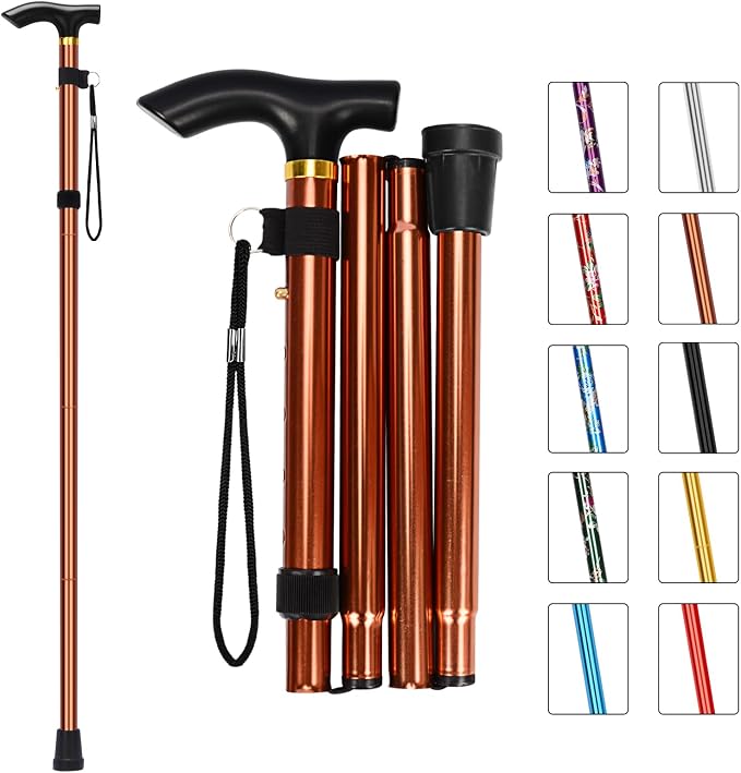 MFE Folding Cane, Portable 5-Level Adjustable Height Walking Stick with Foldable Design, Wrist Strap, and T Handle for Men and Women