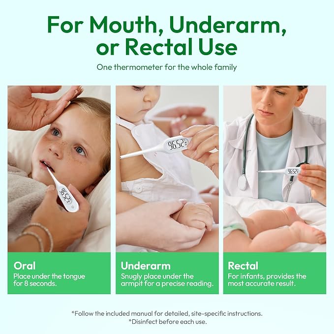 8 Seconds Basal Thermometer for Adult & Kids, Accurate & Safe Thermometer | Fever Alarm and Memory Recall, Oral, Ovulation or Underarm Use