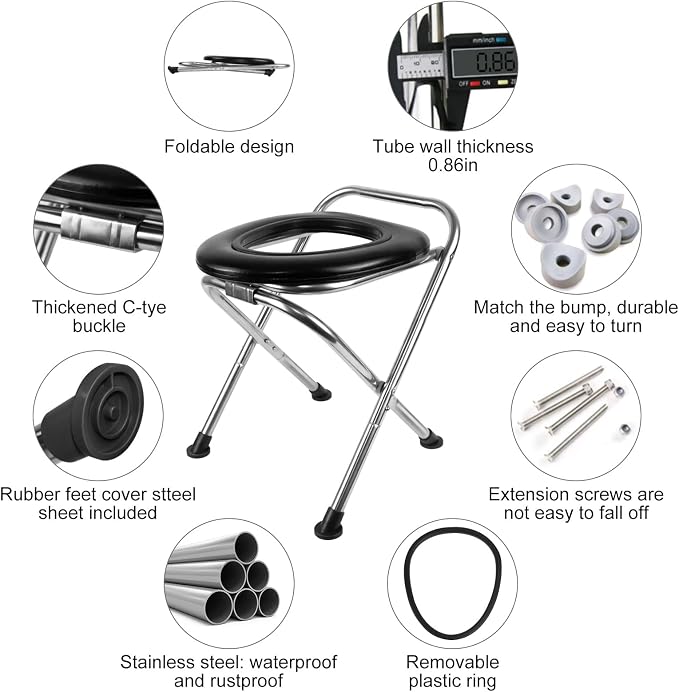 16.5"H Portable Toilet for Camping, 350LB Capacity Stainless Steel Folding Toilet with Soft Seat & Bags, Collapsible Design for RV, Hiking, Road Trips, Boating, Outdoor