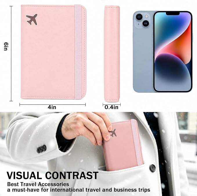 RFID Blocking Passport Holder for Travel – PU Leather Waterproof Lightweight Passport Cover Wallet for Women Men, Travel Organizer with Card Slots for Airline Tickets & Passport Book, Pink