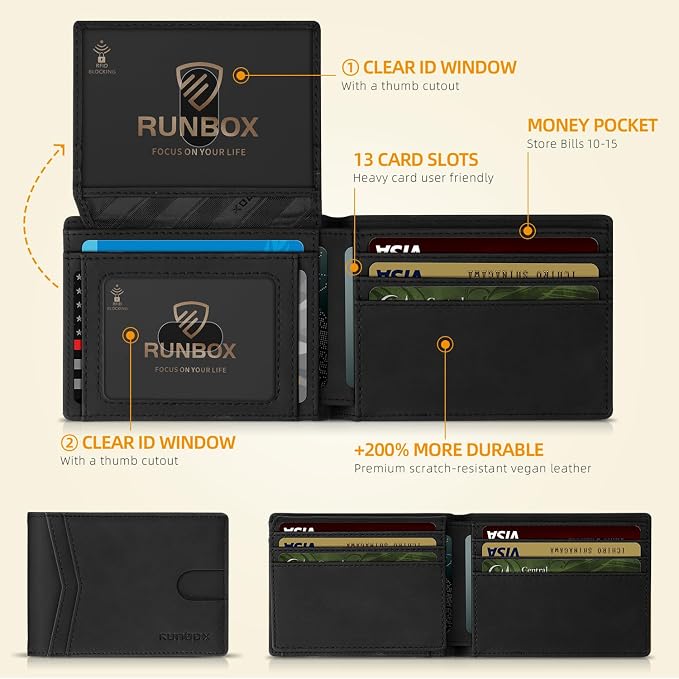 RUNBOX Wallet for Men -Slim Rfid Leather Mens Bifold Novelty Wallets 2 ID Window With Gift Box Men's Accessories | Minimalist Front Pocket Design, Holds 15 Cards, Large Capacity with Cash Pocket,Compact and Thin, Birthday Gifts for Men