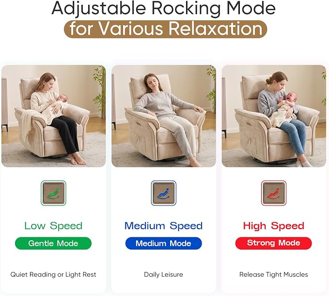Power Nursery Recliner with Auto Rocking,Oversized Swivel Rocker Recliner with Massage and Heat,Glider Recliner Nursery Chair with Adjustable Headrest for Living Room and Bedroom,Beige