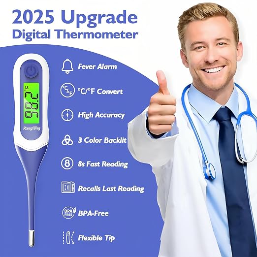 Digital Thermometer for Adults, Kids & Babies, 8-Second Fast Reading Oral Thermometer with Fever Alarm, Waterproof Baby Thermometer for Oral Rectal Underarm, 3-Color Backlit LCD,Storage Case Included