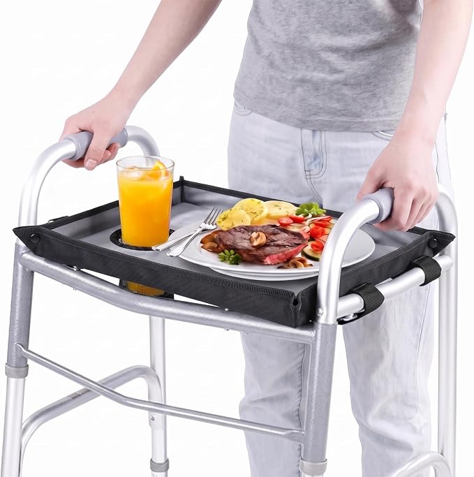 Walker Tray for Folding Walker with Cup Holder, Detachable Tray for Walker, Walker Accessories for Senior with Non-Slip Mat, Universal Fit for Meals, Drinks, Reading,Laptop (Black)