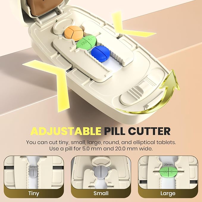 Pill Cutter Splitter for Small and Tiny Pills, Anti-Slip Silicone Pad Holds Pills Steady, Adjustable Pill Cutter for Accurate 1/2 1/3 1/4 Cutting, Sharp Stainless Steel Blade with Safety Guard