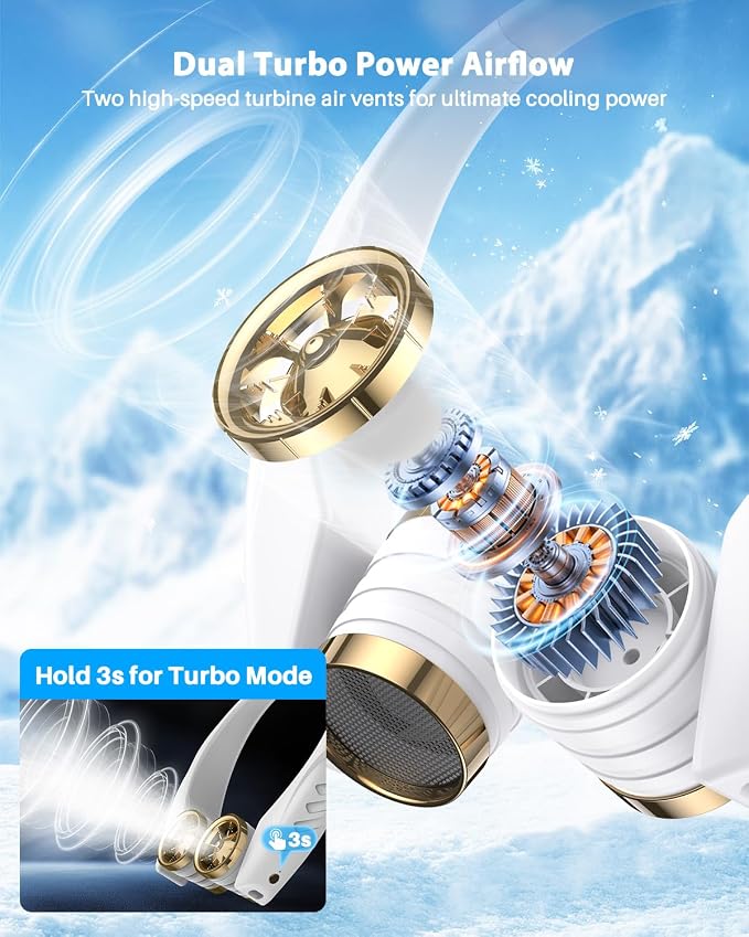 Ausic Portable Neck Fan, Personal Neck Fan with Dual High Speed Turbo Vents, 6000mAh Outdoor Cooling Fan Blow Cold Air, Wearable Rechargeable Travel Fan for Outside Cruise Camping Beach Golf Gifts