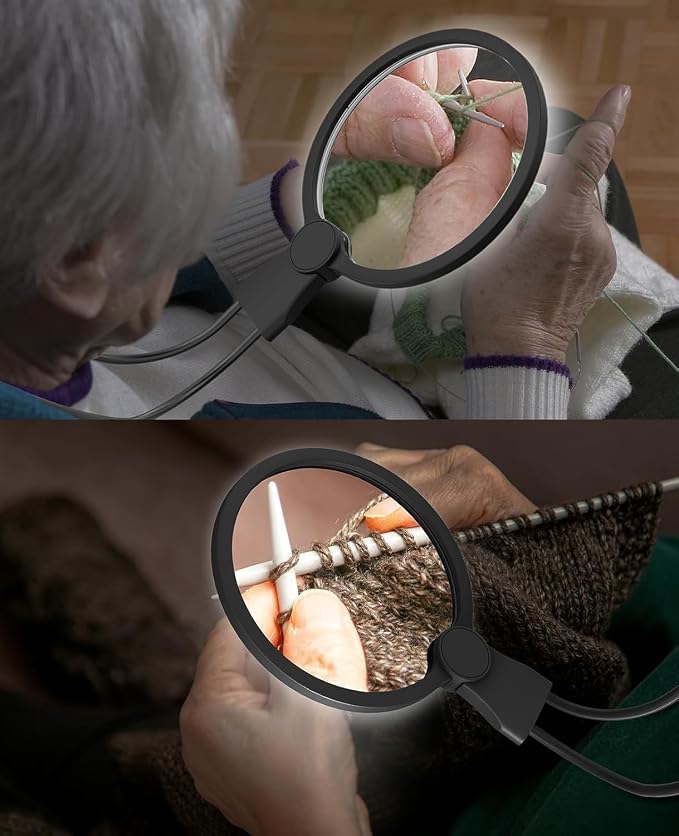 5X Hands-Free Magnifying Glass with 24 LED Lights, 5.12" Rechargeable Magnifier with Flexible Gooseneck for Neck Wear, Large Page Magnifier for Seniors Reading, Repairing, Sewing, Cross Stitch