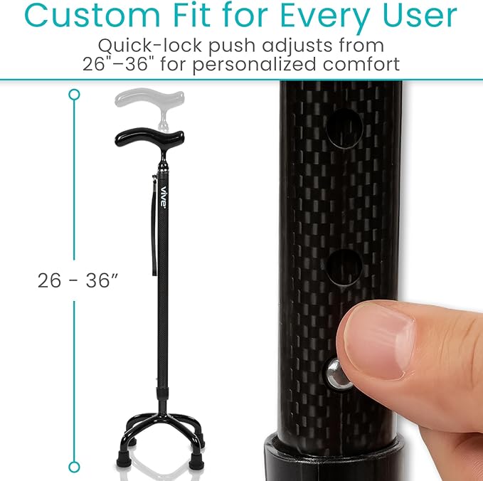 Vive Ultra-Lightweight Quad Cane - Carbon Fiber Walking Stick for Men & Women - Adjustable Ergonomic Grip Handle - Nonslip 4 Prong Rubber Tips for Right, Left Stability Support - Mobility Travel Aid