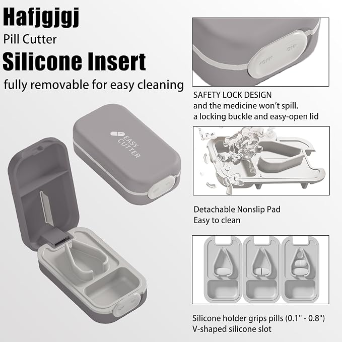 Pill Cutter Splitter for Small or Large Pills with Safety Lock - Accurate and Easy Travel-Friendly Design for Daily Use (Gray)