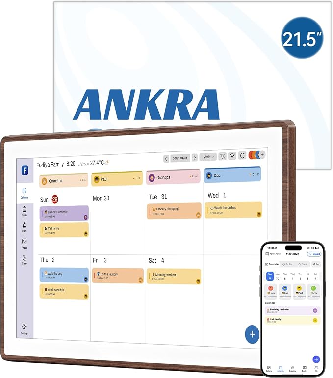 ANKRA 21.5" Digital Calendar, No Subscription Electronic Wall Calendar, Interactive Touchscreen Display for Family Schedules, Meal Planner, Chore Chart with Rewards, Digital Photo Frame, Wall & Desk Mountable (Walnut)