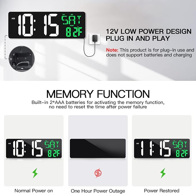 17 Inch Large Digital Wall Clock with Remote Control, Automatic Brightness Dimmer Digital Wall Clock Large Display with Day/Date/Temperature, Snooze, Count Up & Down Timer for Living Room, Office, Gym
