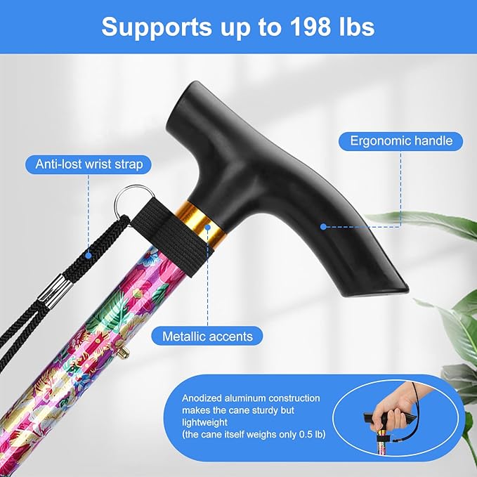 supregear Folding Cane, 5-Level Adjustable Height Walking Stick Lightweight Collapsible Portable Travel Cane with Wrist Strap and T Handle for Elderly Disabled Men Women