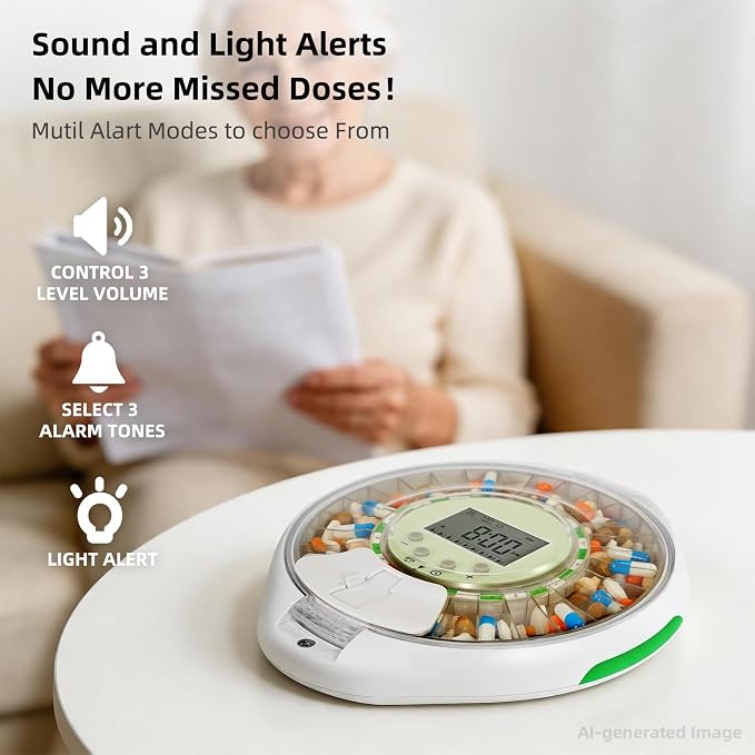 EziMedPil Automatic Pill Dispenser with Ergonomic Lid Design for Seniors | Easy Use Top Key Lock, 9 Daily Alarms & Sound-Light Reminder, Large LCD & Clear Lid Monitoring for Dementia & Senior Care